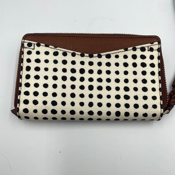 Fossil Caroline RFID Zip-Around Wallet Black Polka Dot Brown Leather Trim - Picture 2 of 7